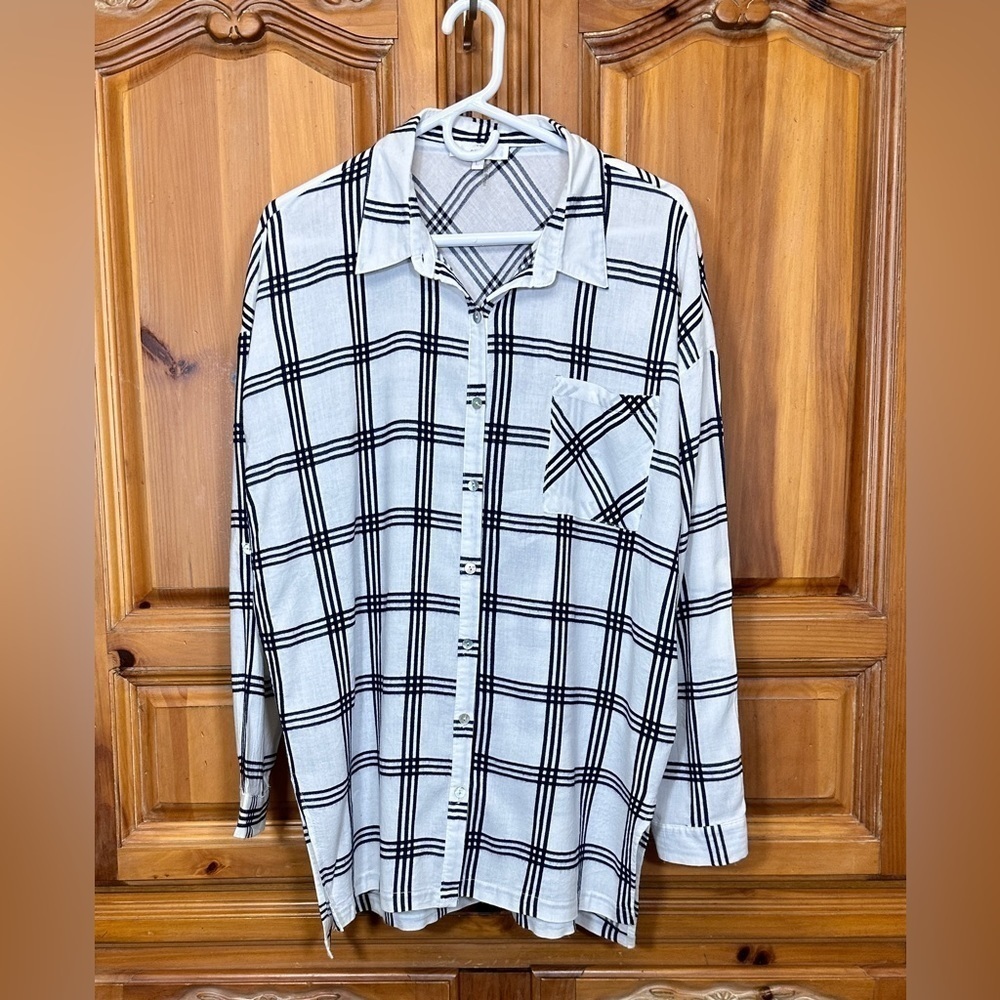 Entro Roll Tab Sleeve Blue And White Plaid Tunic